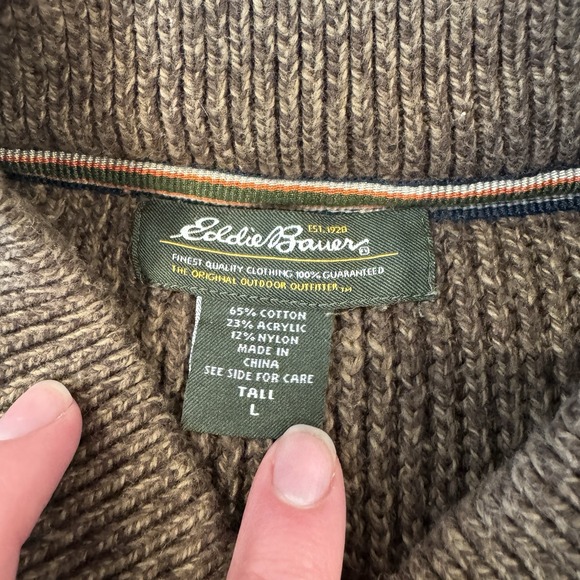 Eddie Bauer 1/4 Button Sweater Brown Chunky Knit Henley Fisherman Outdoor Tall L - Picture 2 of 16